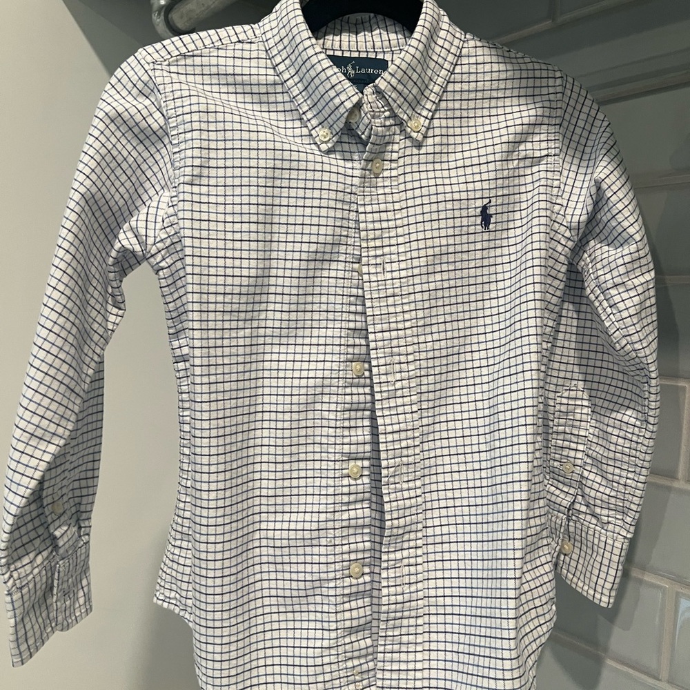 Ralph Lauren White Button-Down Shirt with Navy Windowpane Check